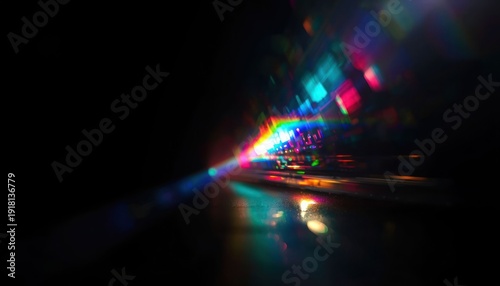 Blurred rainbow refraction overlay effect. Light lens prism effect on black background. Holographic reflection, crystal flare leak shadow overlay. Colorful rainbow disco ball light