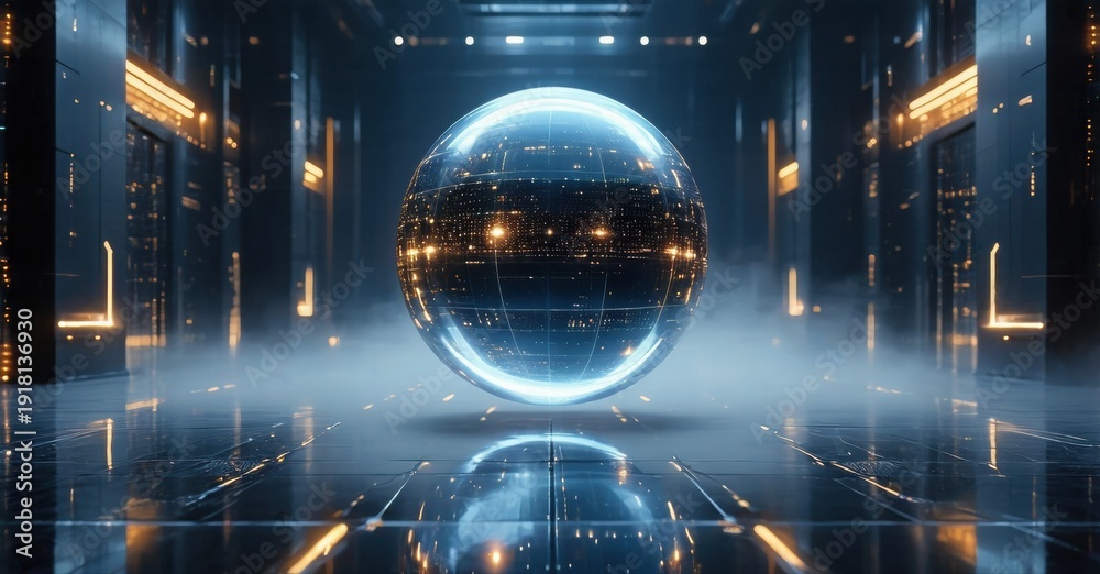 Fototapeta premium Futuristic room features glowing sphere, reflections, fog. Dramatic lighting creates intense digital atmosphere. Minimalist design.