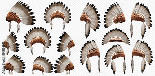 Set of traditional Native American feather headdresses in various angles and views.