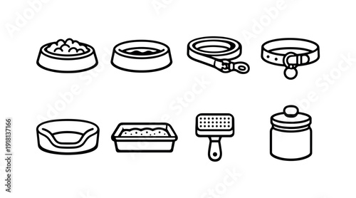 Pet care supplies: pet bowl, water bowl, leash, collar, pet bed, litter box, grooming brush, treat jar