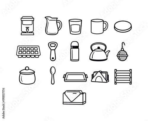 Home beverage station items: water dispenser, glass pitcher, tumbler glass, mug, coaster, ice cube tray, bottle opener, thermos bottle, tea kettle