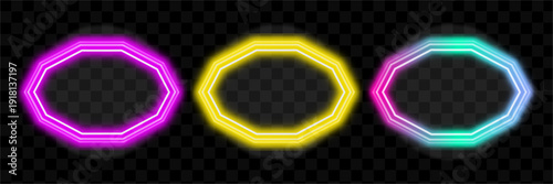 Neon Frames Collection, Vibrant Octagon Shapes, Glowing Light Effects For Design