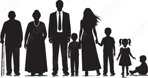 Black silhouette of a large multi-generational family including grandparents parents and children standing together isolated on white background for ancestry and family values concepts