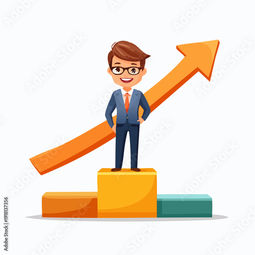 Businessman standing on podium with upward trending graph symbolizing success and growth
