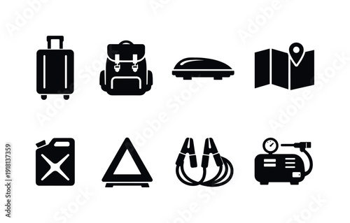 Outdoor car travel essentials: suitcase, travel backpack, roof box, road map, fuel can, warning triangle, jumper cable, tire inflator