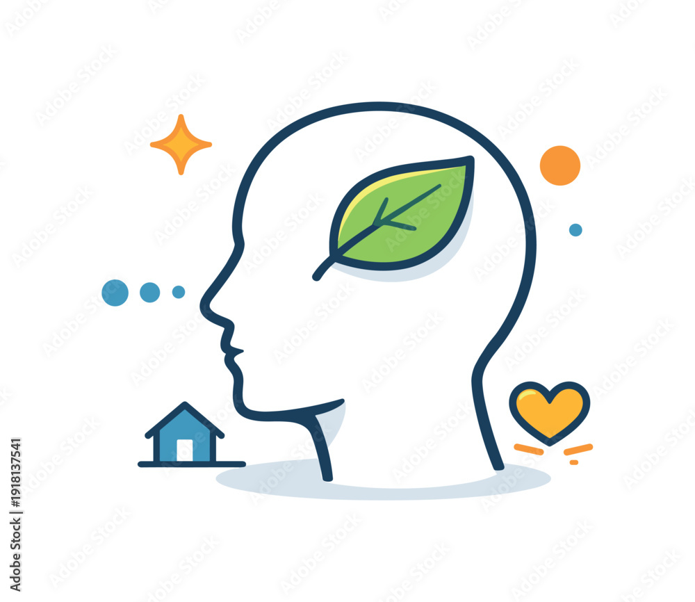 Obraz premium Everyday mental clarity and stress reduction during simple household moments, a human head silhouette combined with a small leaf and breathing dots
