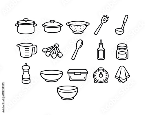 Home kitchen pasta cooking tools: stockpot, lid, colander, pasta fork, ladle, measuring cup, measuring spoon, wooden spoon, oil bottle, salt jar