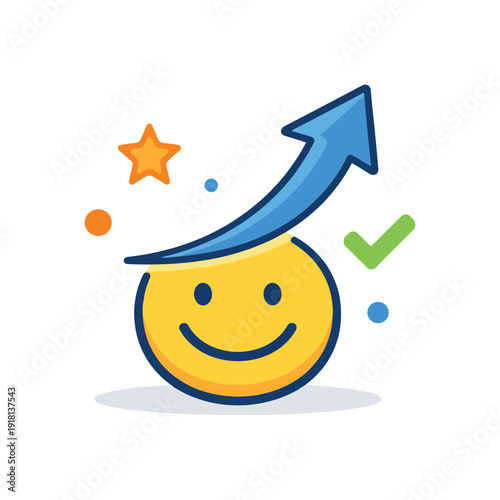 Workplace motivation and positive mindset supporting long-term performance and engagement, an upward arrow emerging from a simple smile icon as a