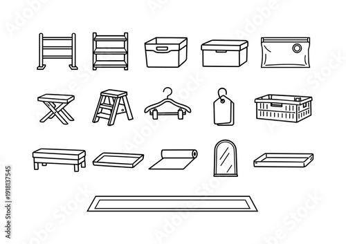 Home linen storage items: towel rack, shelf organizer, fabric bin, storage box, vacuum bag, folding stool, step ladder, hanger clip, label tag