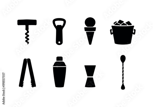 Home beverage tools: corkscrew, bottle opener, wine stopper, ice bucket, ice tongs, cocktail shaker, jigger, bar spoon