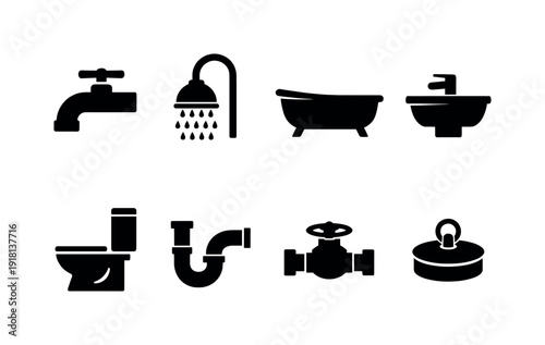 Home plumbing fixtures: faucet, showerhead, bathtub, sink basin, toilet, pipe trap, shutoff valve, drain stopper