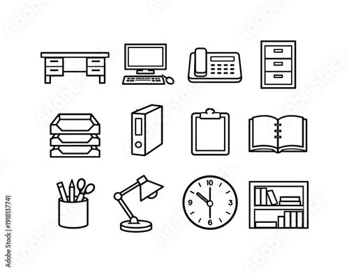 Operational audit administration workspace in linear style: office desk, desktop computer, desk phone, filing cabinet, document tray, binder