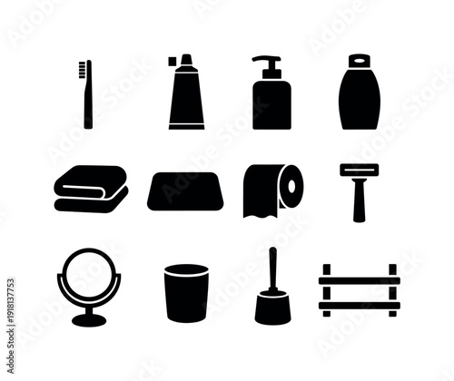 Home bathroom essentials: toothbrush, toothpaste tube, soap dispenser, shampoo bottle, towel, bath mat, toilet paper roll, razor, mirror, cup, toilet