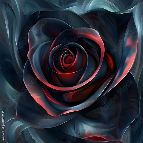 Moody Black Roses Bouquet Watercolor Illustration Mysterious Black Arrangement with Blue Accents Dark petals texture close up of rich black rose petals floral background, Generative AI
