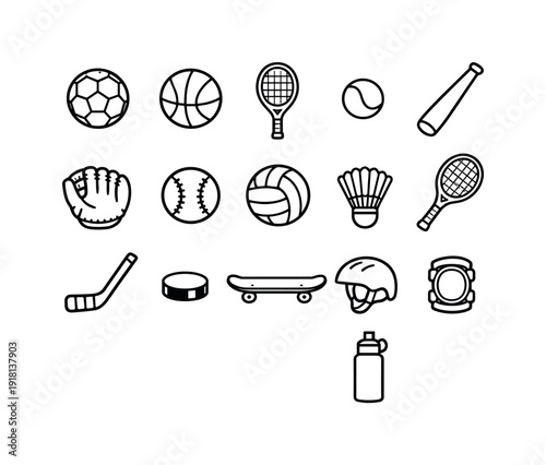 Outdoor sports equipment: soccer ball, basketball, tennis racket, tennis ball, baseball bat, baseball glove, volleyball, badminton shuttlecock