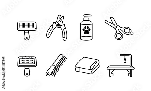 Pet grooming tools: grooming brush, nail clipper, pet shampoo bottle, grooming scissors, slicker brush, fur comb, drying towel, grooming table