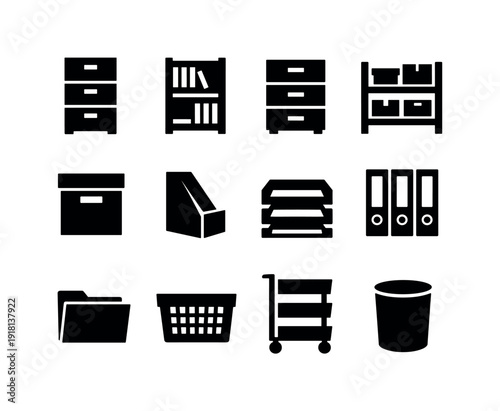 Office storage furniture: filing cabinet, bookshelf, drawer unit, storage shelf, archive box, magazine holder, document tray, binder, folder, storage