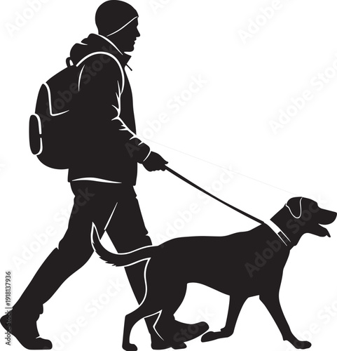 Black silhouette of a man with a backpack walking a dog on a leash isolated on white background for travel hiking and companionship concepts
