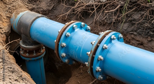 Buried Utility Blue Pipe Connections with Metal Flanges in Earthen Excavation