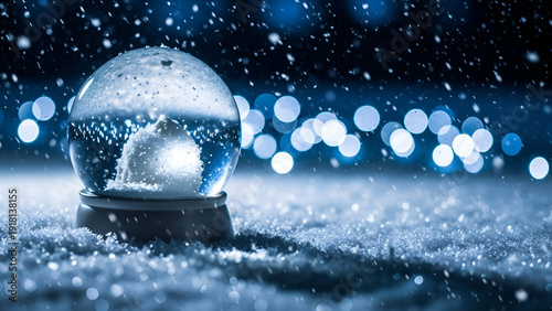 Snowy winter scene with a glass snow globe and falling snowflakes