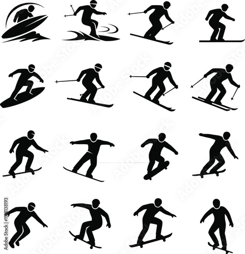 Collection of skier silhouettes in various poses