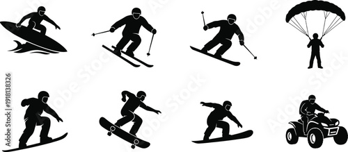 Collection of skier silhouettes in various poses
