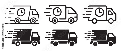 Delivery truck with clock and time symbols line icon set for shipping. vector illustration eps 10