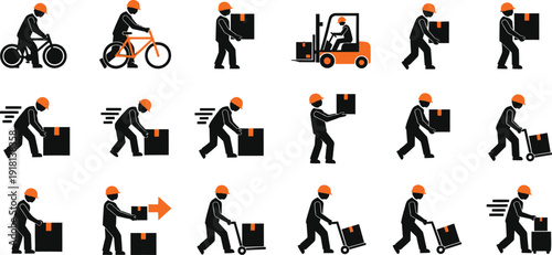 Collection of workers transporting goods and equipment