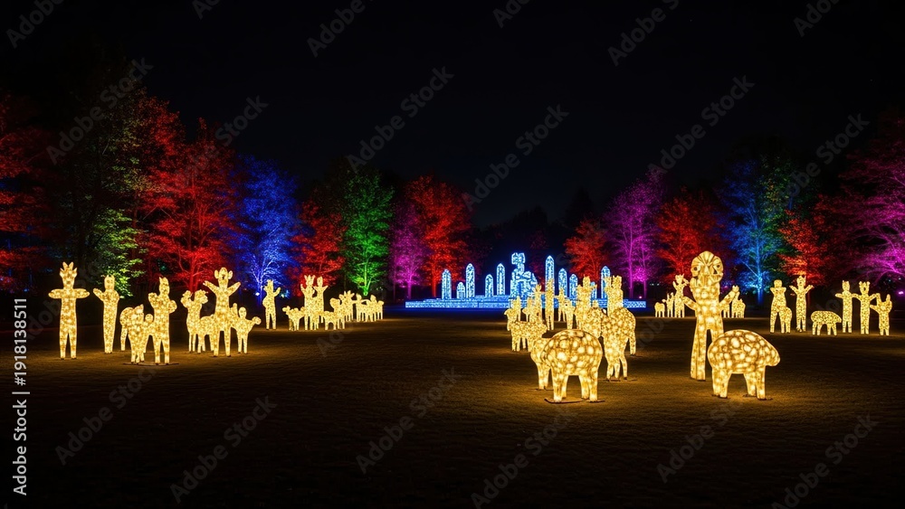 Obraz premium Illuminated reindeer silhouette light display at night with colorful forest lighting festive holiday scene