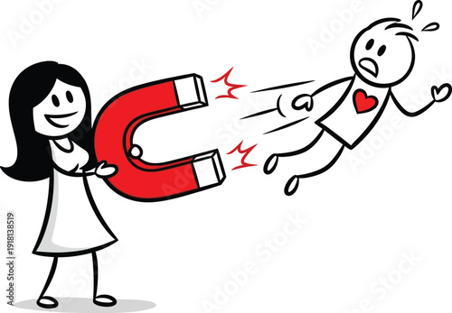 Woman attracting a man with a giant magnet