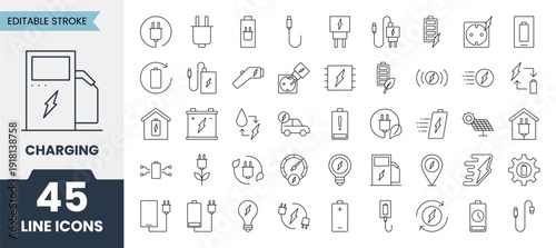 Charging line icons set with editable stroke. Containing battery, recharge, charging station, energy, electricity, charger and more. Vector illustration
