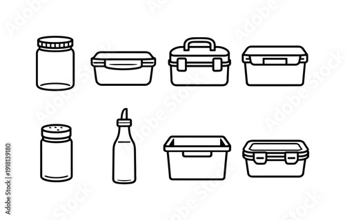 Home kitchen food storage system: glass jar, plastic container, lunch box, freezer box, spice jar, oil bottle, storage bin, clip lid