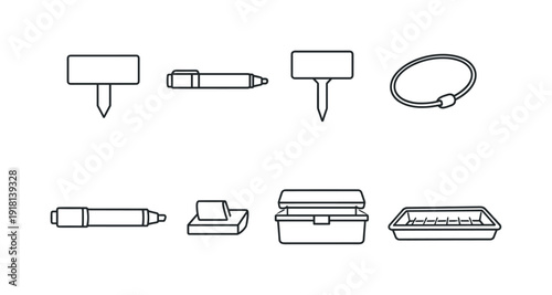 Garden plant labeling tools: plant label, marker pen, label stake, tag loop, chalk marker, label clip, storage box, label tray