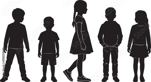 Black silhouettes of diverse young children standing and walking in a row isolated on white background group of elementary students childhood and friendship concept