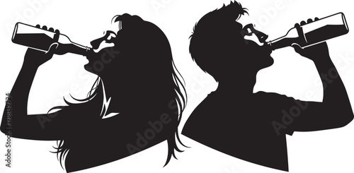 Black Silhouette Of Young Man And Woman Drinking From Glass Bottles Back To Back In Celebration Or Party Nightlife Isolated On White Background Concept