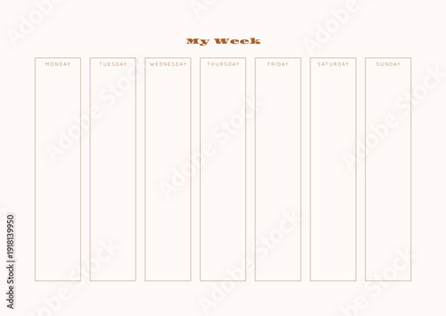 Minimalist abstract monochtome planner. Daily, weekly, monthly planner template. Blank printable vertical notebook page with space for notes and goals