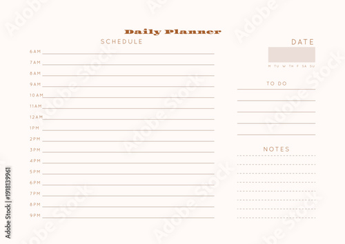 Minimalist abstract monochtome planner. Daily, weekly, monthly planner template. Blank printable vertical notebook page with space for notes and goals