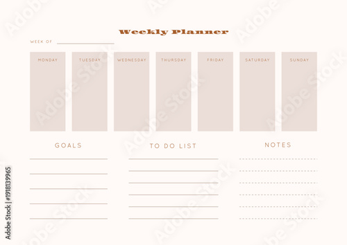 Minimalist abstract monochtome planner. Daily, weekly, monthly planner template. Blank printable vertical notebook page with space for notes and goals