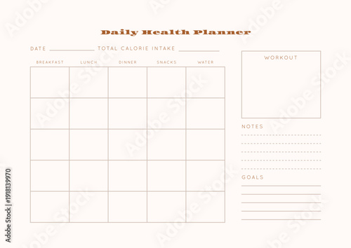 Minimalist abstract monochtome planner. Daily, weekly, monthly planner template. Blank printable vertical notebook page with space for notes and goals