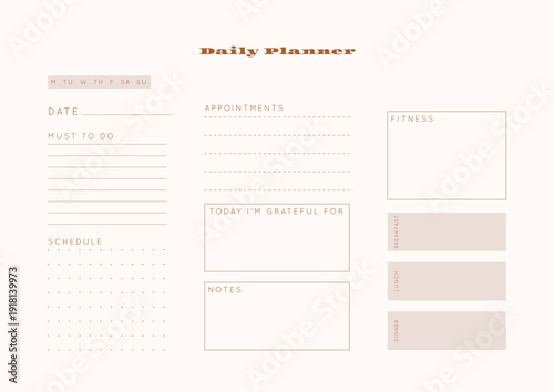 Minimalist abstract monochtome planner. Daily, weekly, monthly planner template. Blank printable vertical notebook page with space for notes and goals