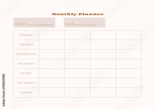 Minimalist abstract monochtome planner. Daily, weekly, monthly planner template. Blank printable vertical notebook page with space for notes and goals