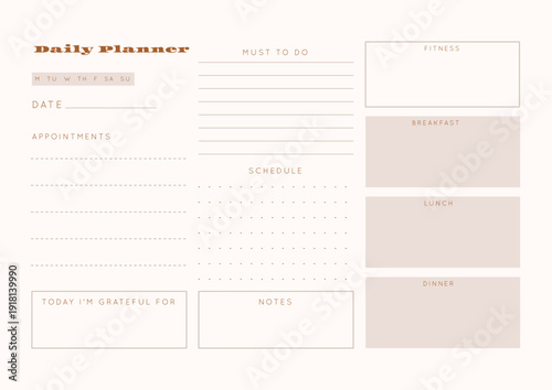 Minimalist abstract monochtome planner. Daily, weekly, monthly planner template. Blank printable vertical notebook page with space for notes and goals