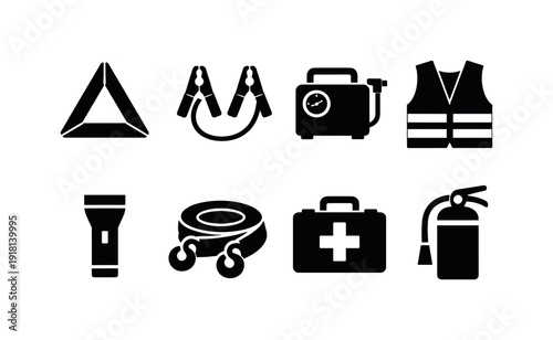 Outdoor car emergency gear: warning triangle, jumper cable, tire inflator, flashlight, safety vest, tow strap, first aid kit, fire extinguisher