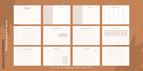 Set of minimalist monochrome abstract planners. Daily, weekly, monthly planner template. Blank printable vertical notebook page with space for notes and goals
