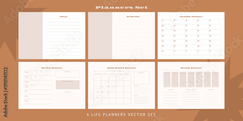Set of minimalist monochrome abstract planners. Daily, weekly, monthly planner template. Blank printable vertical notebook page with space for notes and goals