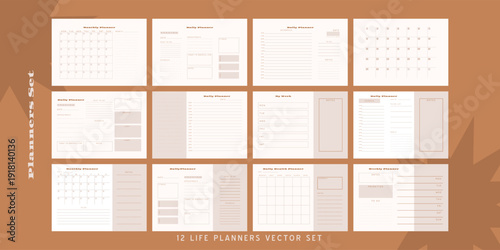 Set of minimalist monochrome abstract planners. Daily, weekly, monthly planner template. Blank printable vertical notebook page with space for notes and goals