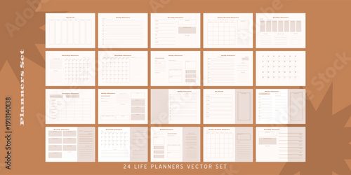 Set of minimalist monochrome abstract planners. Daily, weekly, monthly planner template. Blank printable vertical notebook page with space for notes and goals