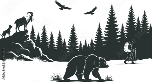 Black silhouette of wild nature mountain landscape with grizzly bear hiking man with backpack mountain goat and dog isolated on white background for adventure