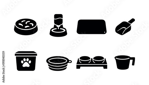 Home pet feeding accessories: slow feeder bowl, water dispenser, silicone mat, food scoop, storage container, travel bowl, feeding stand, measuring