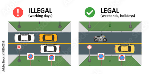 Road traffic signs for legal and illegal driving times infographic